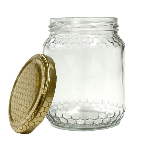 Glass Honey Jar - Honeycomb Theme - 500g - Box 24 - Embossed - Waggle & Forage - Live Slow - Bee Kind - Kyneton - Victoria - Australia